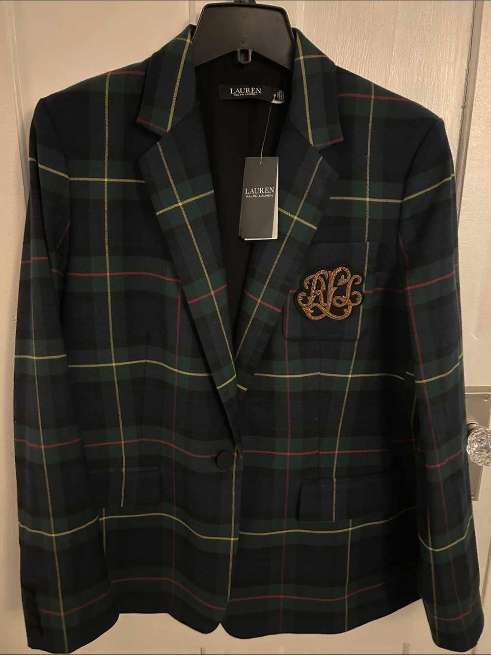 Lauren Ralph Lauren Navy and Green Plaid Blazer with Monogram Patch